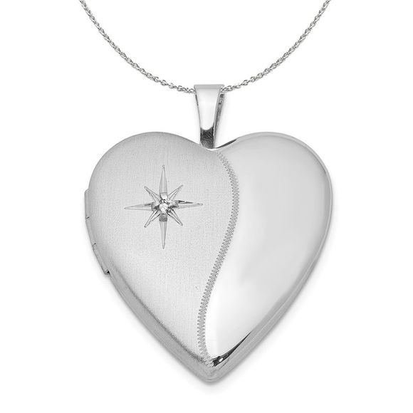 20mm Satin and Polished Diamond Heart Silver Locket Necklace - 18 In